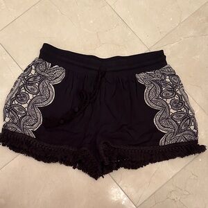 Soft Black and Cream Lace/Tassel Trim Shorts